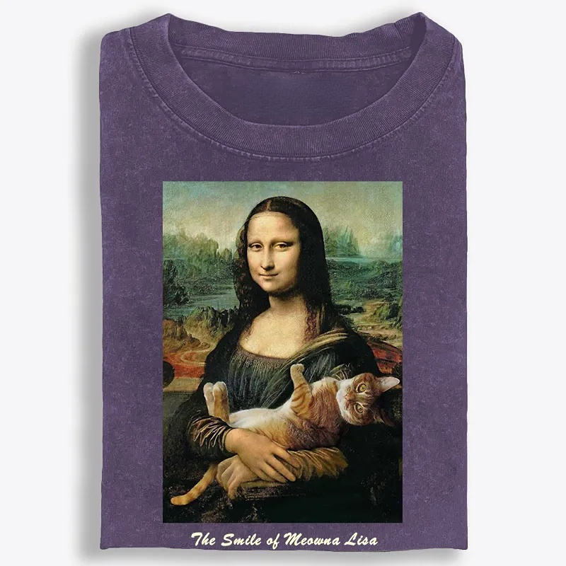 Meowna Lisa Mona Lisa Cat Parody Retro Washed T-Shirt | 100% Cotton | Streetwear Essential