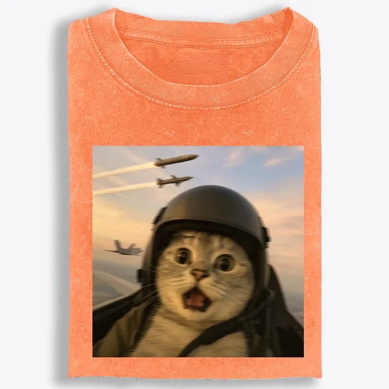 Fighter Jet Cat Pilot Meme Retro Washed T-Shirt | 100% Cotton | Streetwear Essential