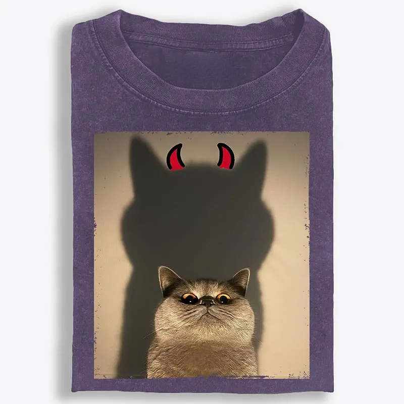 Demon Shadow Cat Meme Retro Washed T-Shirt | 100% Cotton | Streetwear Essential