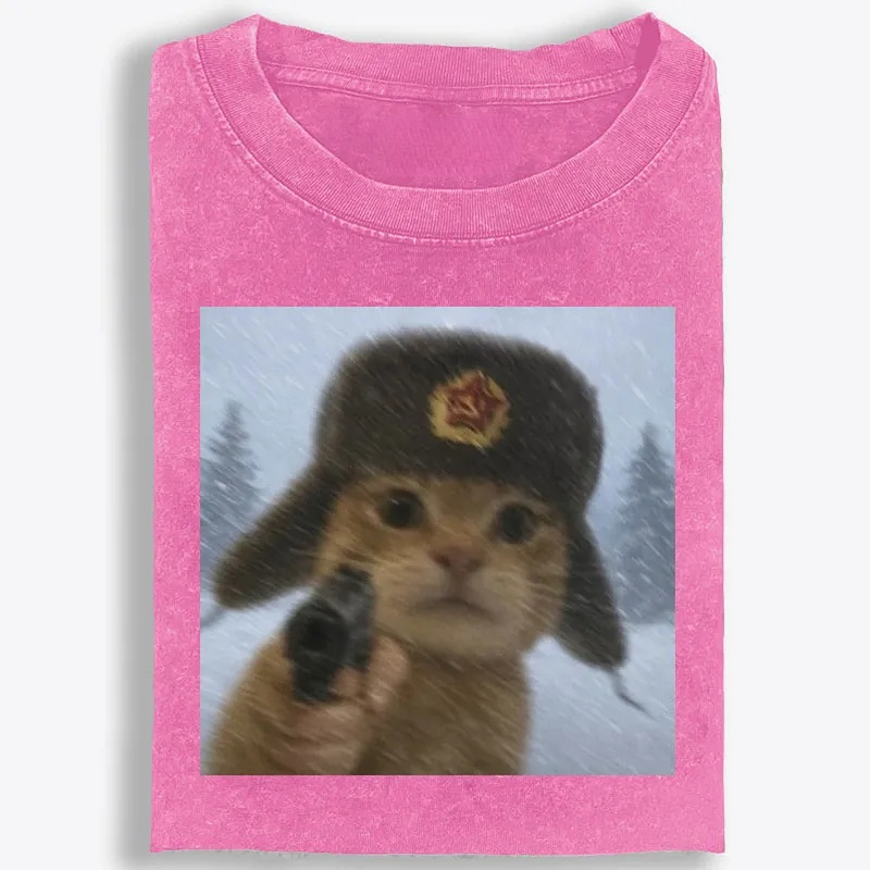 Soviet Ushanka Cat Retro Washed T-Shirt | 100% Cotton | Streetwear Essential