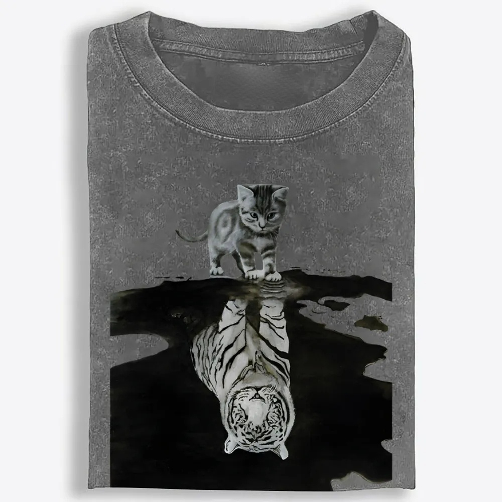 Tiger Shadow Kitten Retro Washed T-Shirt | 100% Cotton | Streetwear Essential