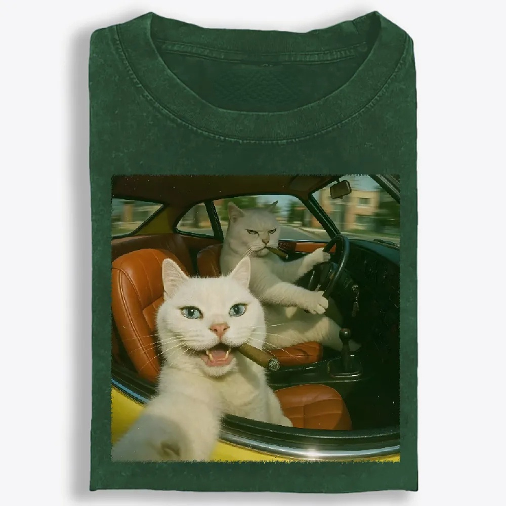 Cats With Cigars, Retro Vibes Washed T-Shirt | 100% Cotton | Streetwear Essential