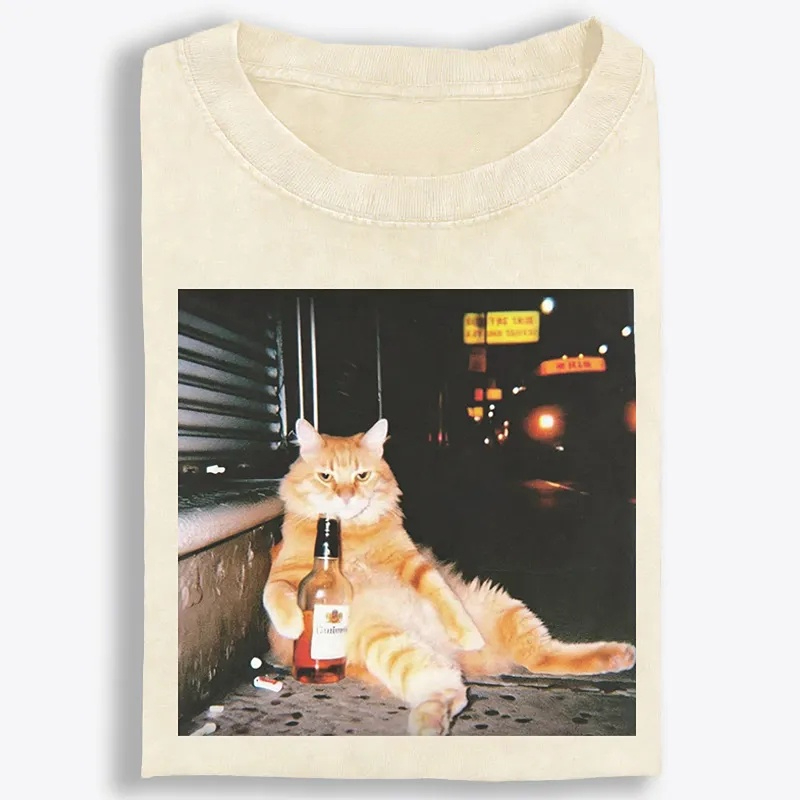 Street Drunk Cat Meme Retro Washed T-Shirt | 100% Cotton | Streetwear Essential