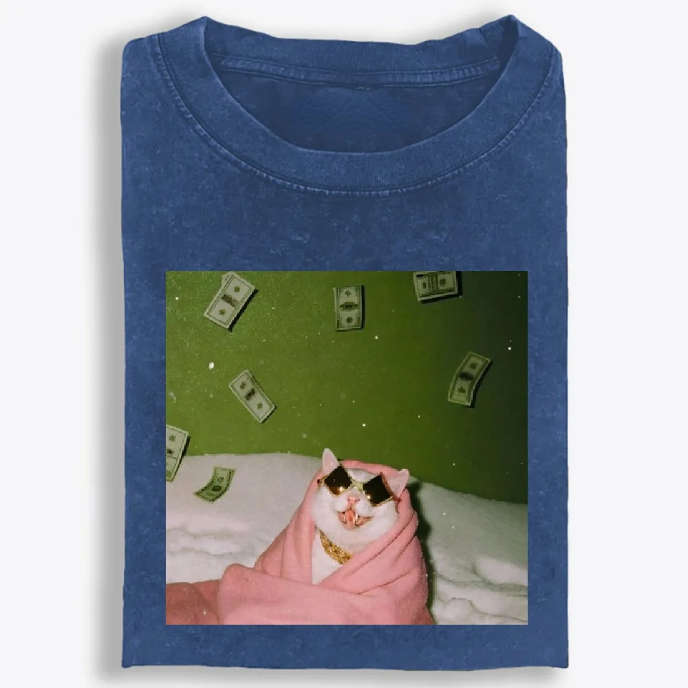 Rich Cat with Money Retro Washed T-Shirt | 100% Cotton | Streetwear Essential