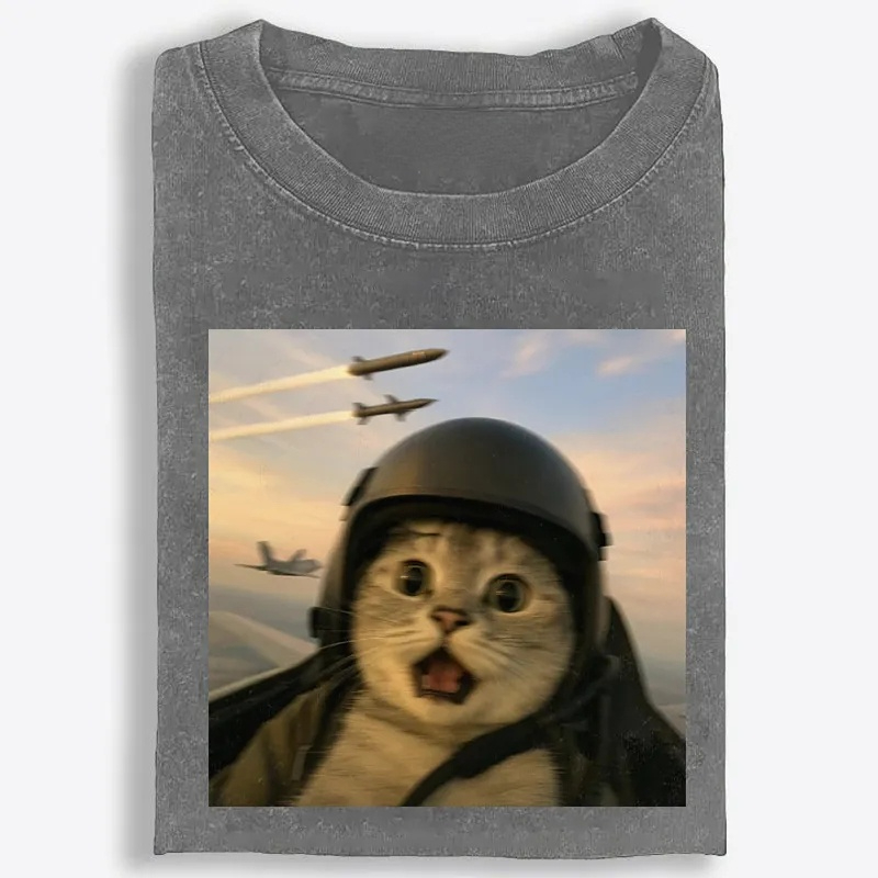 Fighter Jet Cat Pilot Meme Retro Washed T-Shirt | 100% Cotton | Streetwear Essential