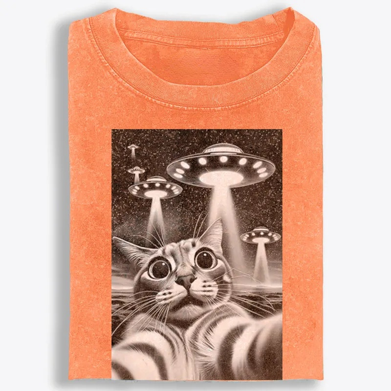 Cat Selfie with UFOs Sci-Fi Retro Washed T-Shirt | 100% Cotton | Streetwear Essential