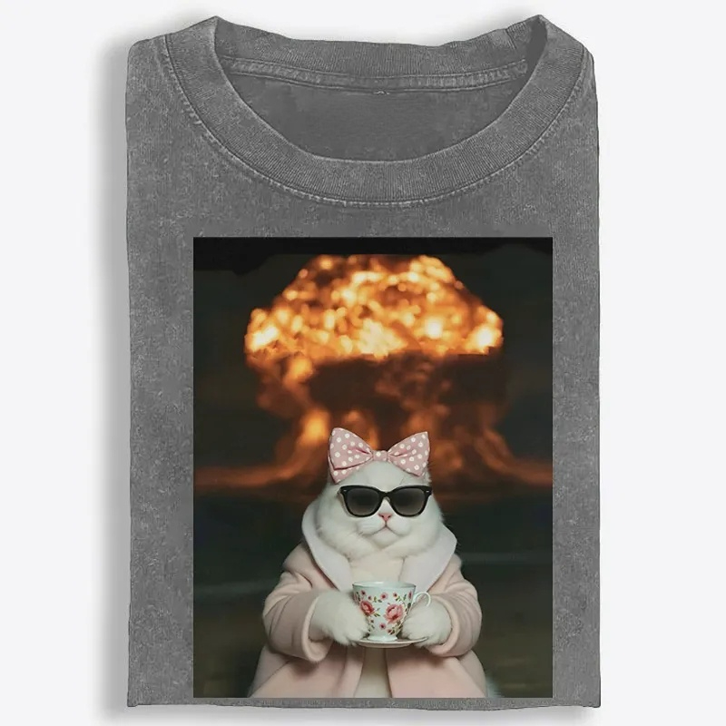 Cat with Tea & Nuclear Explosion Retro Washed T-Shirt | 100% Cotton | Streetwear Essential
