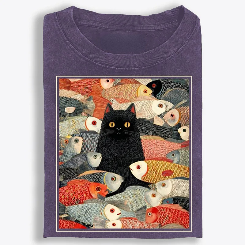 Black Cat Among Fish Art Retro Washed T-Shirt | 100% Cotton | Streetwear Essential