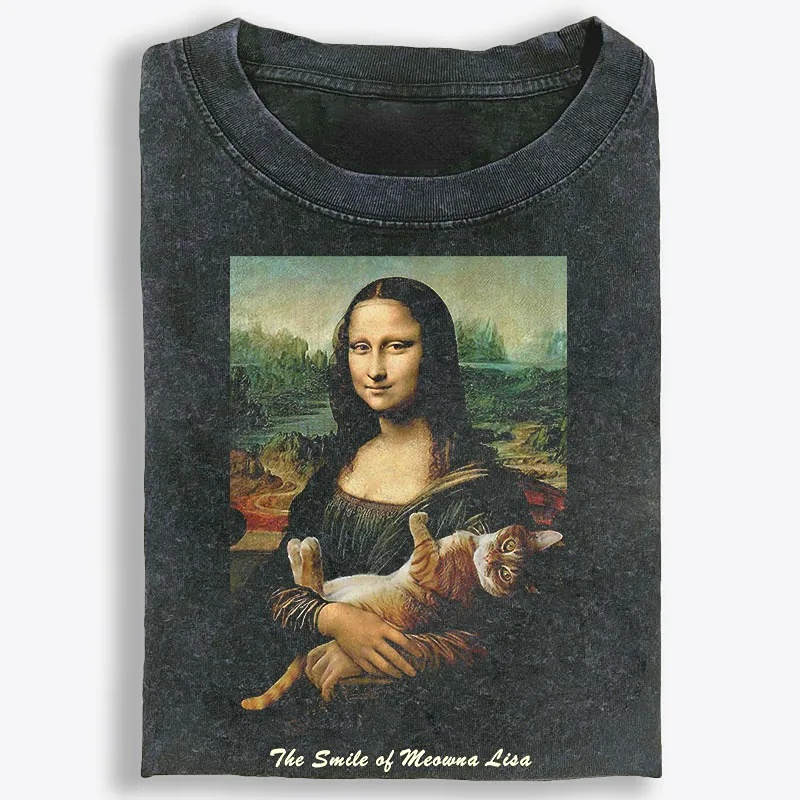 Meowna Lisa Mona Lisa Cat Parody Retro Washed T-Shirt | 100% Cotton | Streetwear Essential