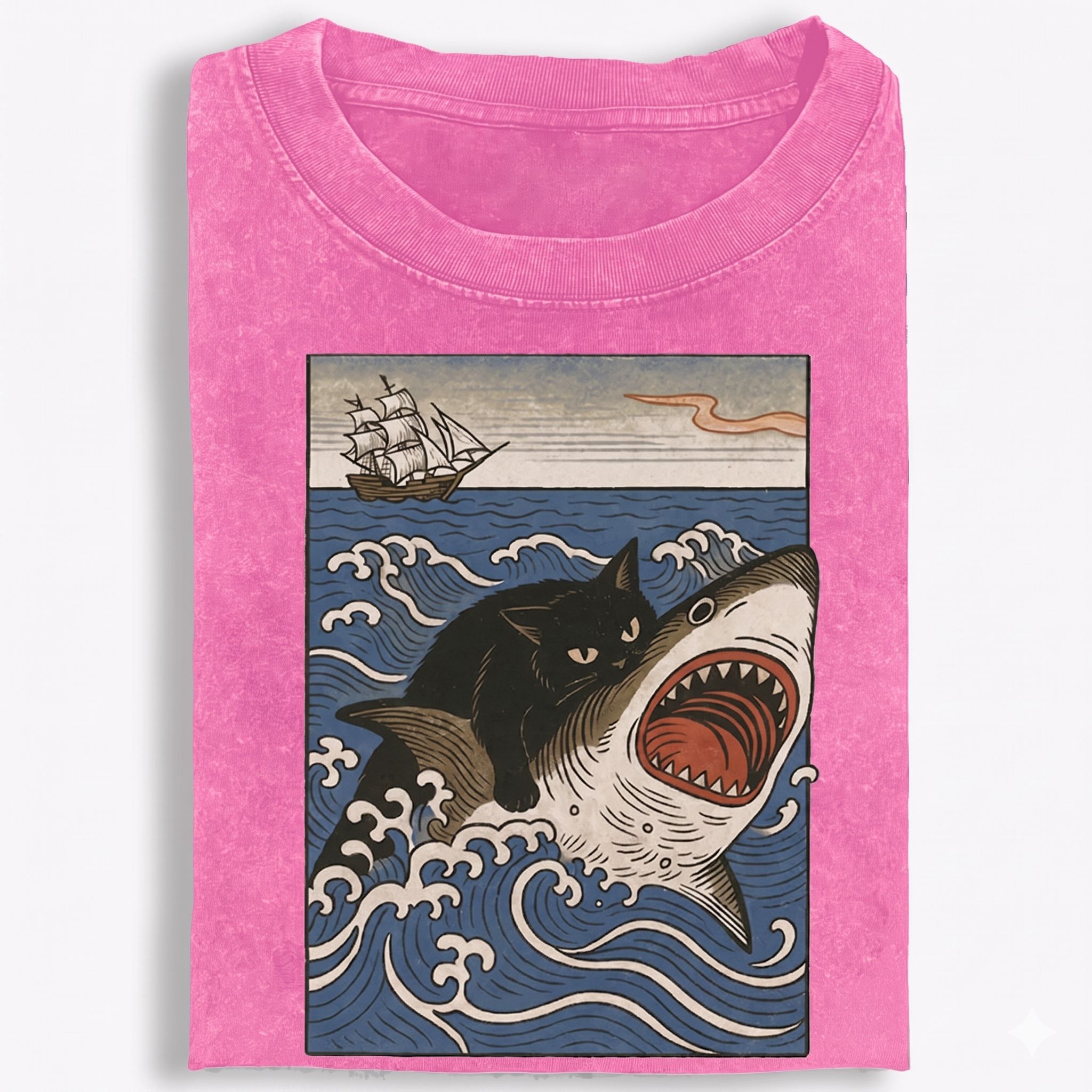 Ukiyo-e Cat Riding Shark Retro Washed T-Shirt | 100% Cotton | Streetwear Essential