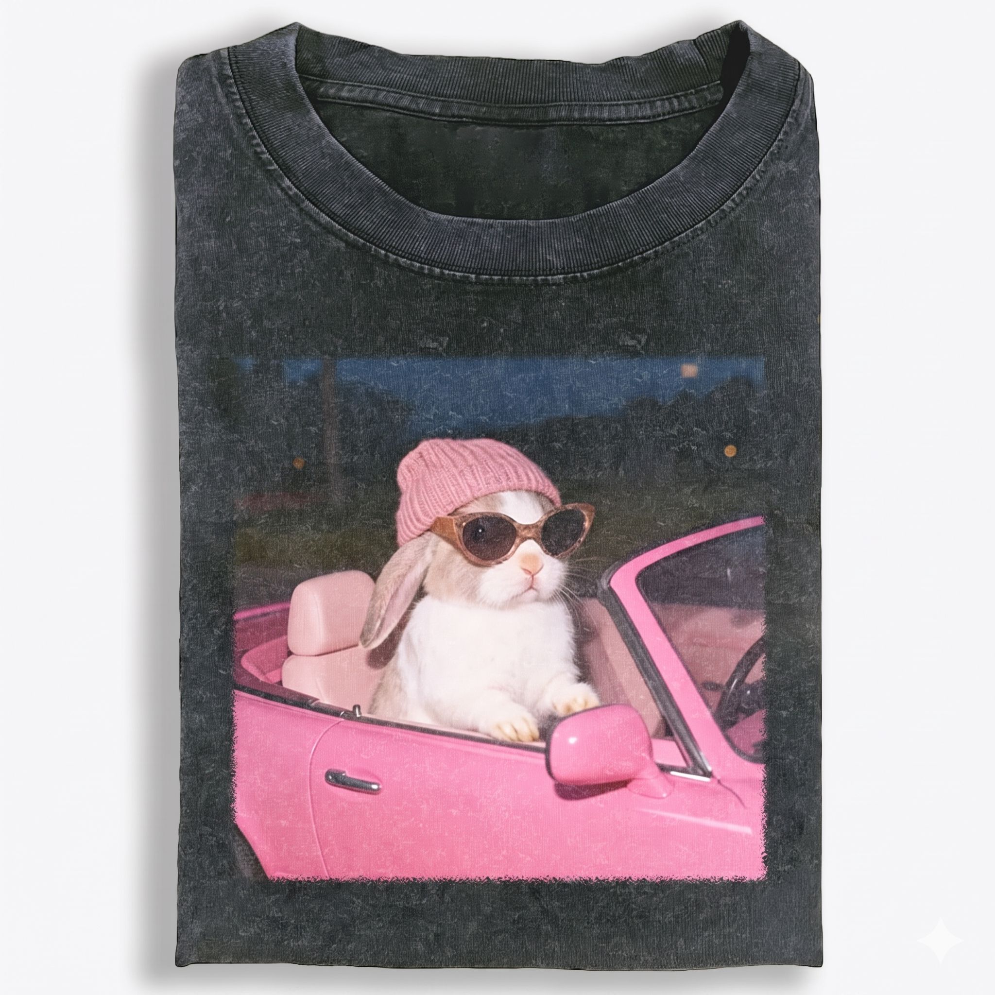 Fashion Bunny Cruising In Pink Car Retro Washed T-Shirt | 100% Cotton | Streetwear Essential