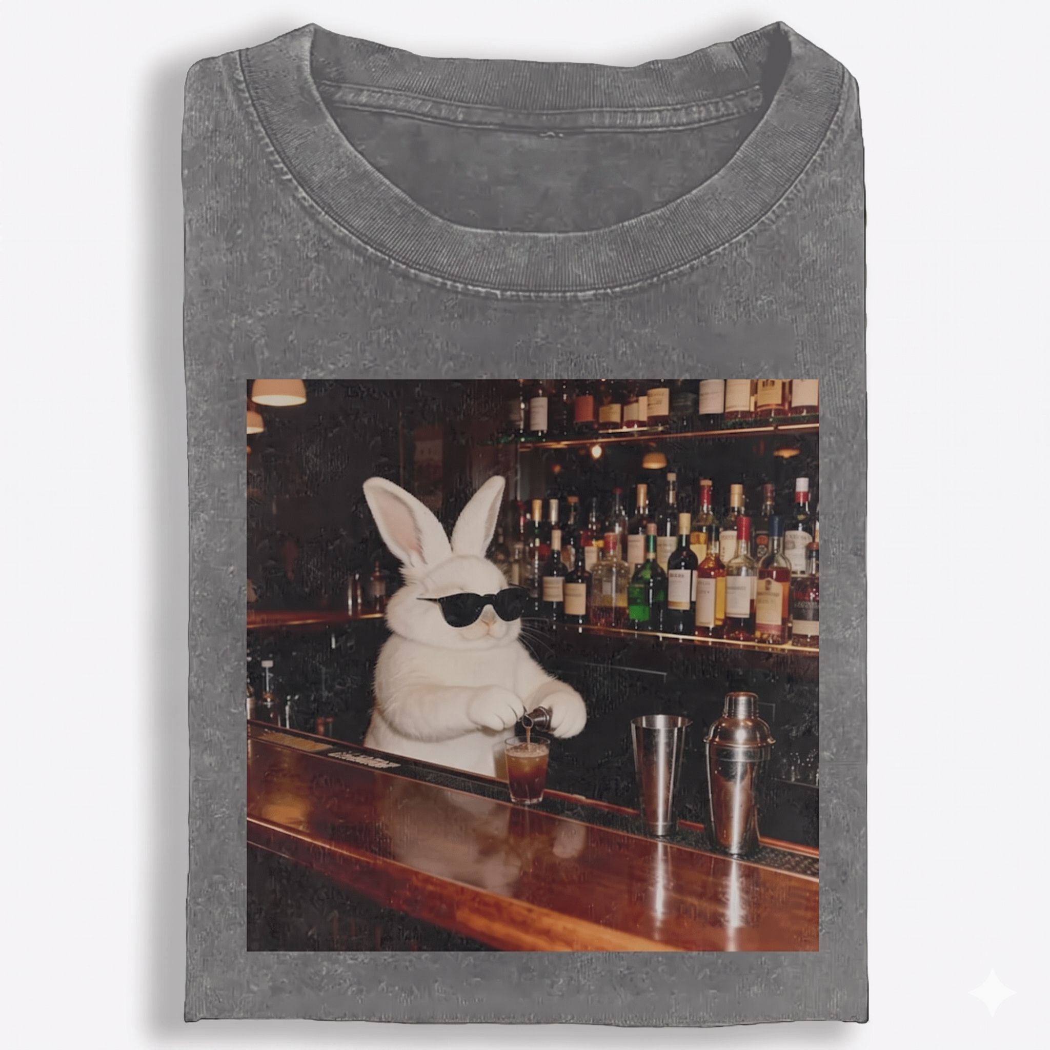 Bartender Rabbit Cool Guy Retro Washed T-Shirt | 100% Cotton | Streetwear Essential