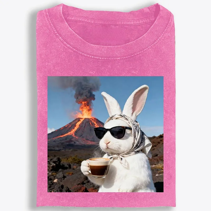 Volcano Coffee Bunny Retro Washed T-Shirt | 100% Cotton | Streetwear Essential
