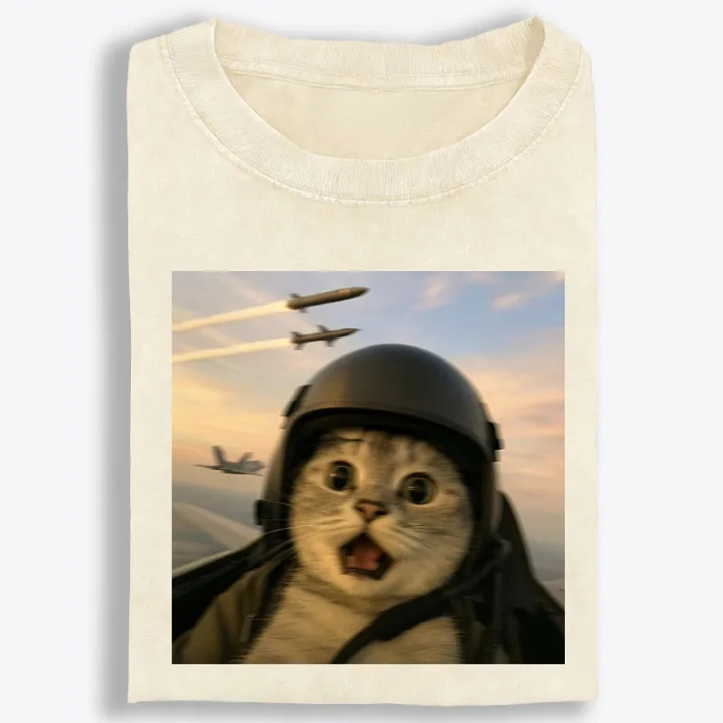 Fighter Jet Cat Pilot Meme Retro Washed T-Shirt | 100% Cotton | Streetwear Essential