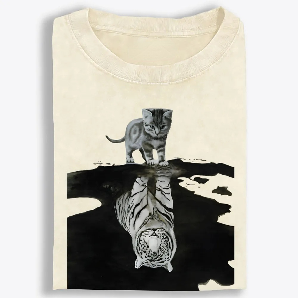 Tiger Shadow Kitten Retro Washed T-Shirt | 100% Cotton | Streetwear Essential