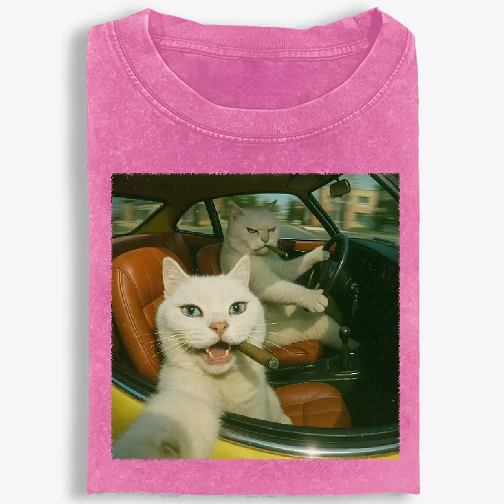 Cats With Cigars, Retro Vibes Washed T-Shirt | 100% Cotton | Streetwear Essential