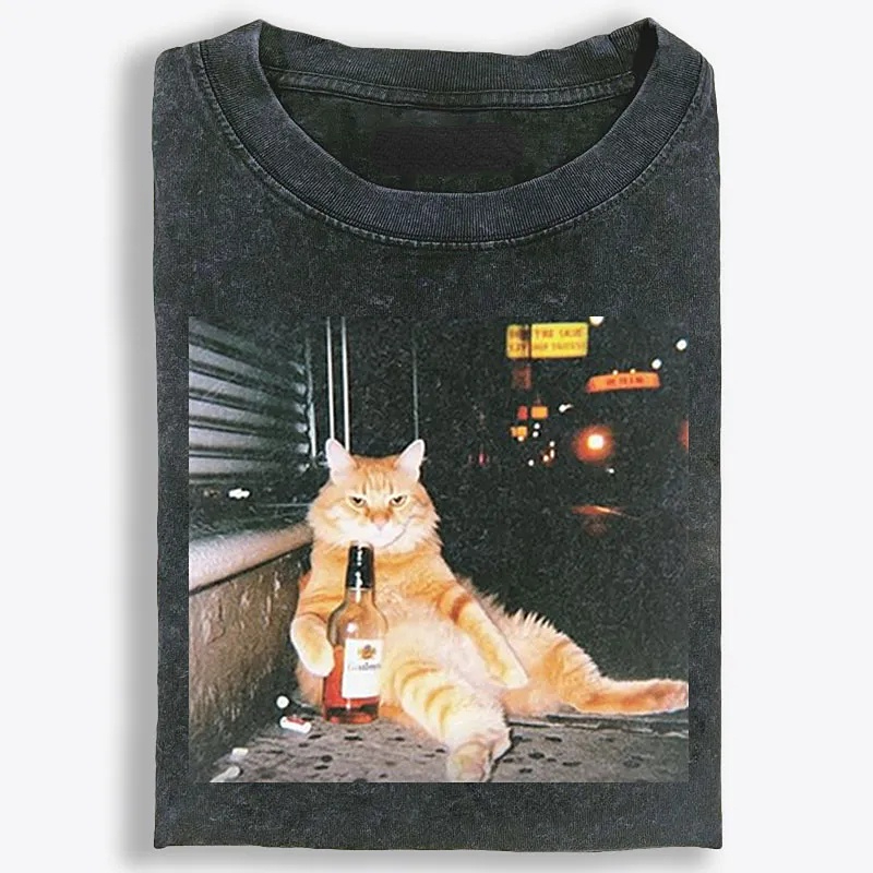 Street Drunk Cat Meme Retro Washed T-Shirt | 100% Cotton | Streetwear Essential