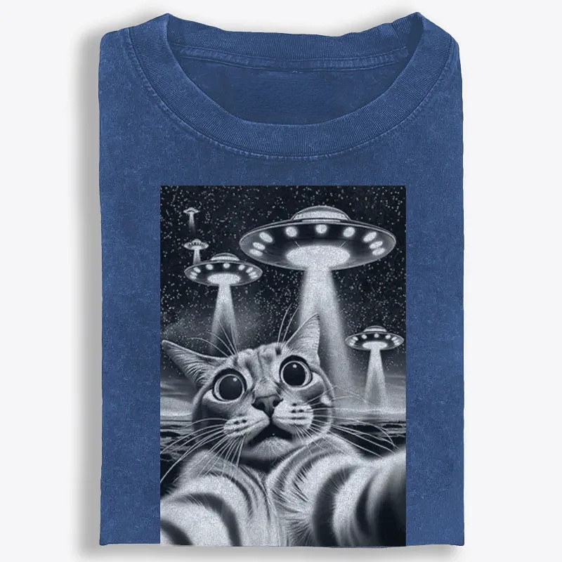 Cat Selfie with UFOs Sci-Fi Retro Washed T-Shirt | 100% Cotton | Streetwear Essential
