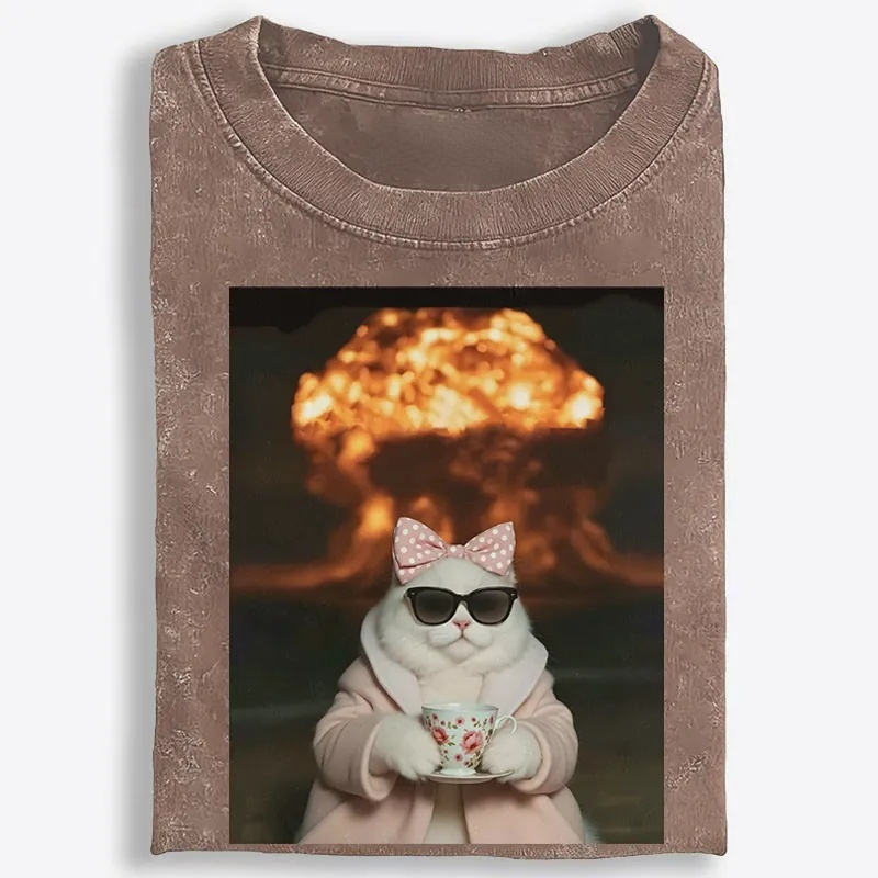 Cat with Tea & Nuclear Explosion Retro Washed T-Shirt | 100% Cotton | Streetwear Essential