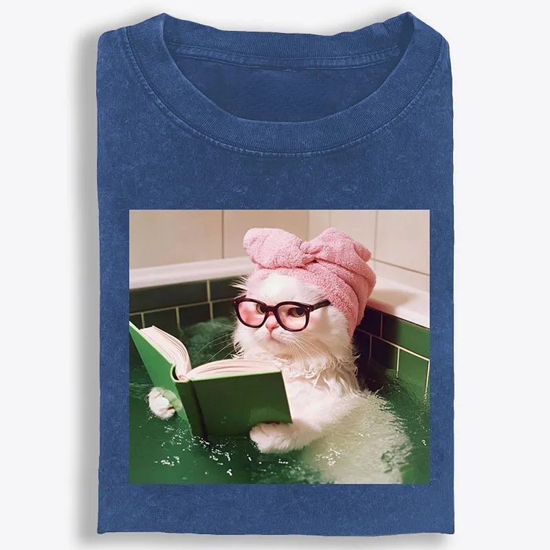 Bathtub Reading Cat Aesthetic Retro Washed T-Shirt | 100% Cotton | Streetwear Essential
