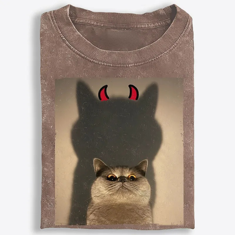 Demon Shadow Cat Meme Retro Washed T-Shirt | 100% Cotton | Streetwear Essential