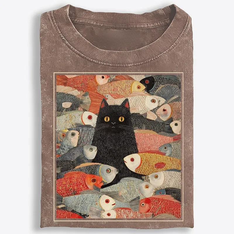 Black Cat Among Fish Art Retro Washed T-Shirt | 100% Cotton | Streetwear Essential
