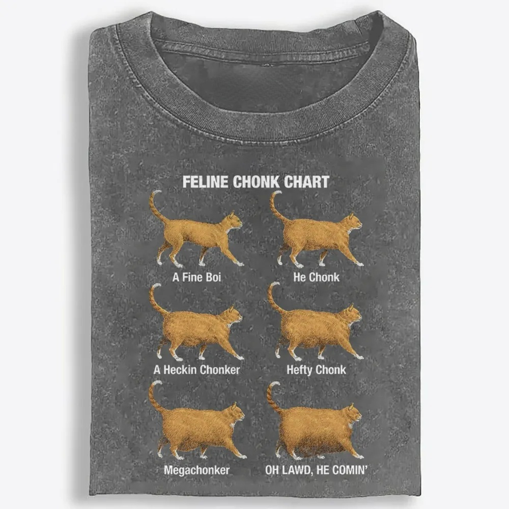 Feline Chonk Chart Cat Retro Washed T-Shirt | 100% Cotton | Streetwear Essential
