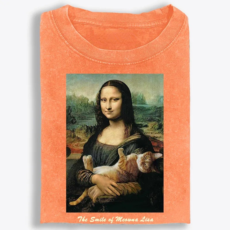 Meowna Lisa Mona Lisa Cat Parody Retro Washed T-Shirt | 100% Cotton | Streetwear Essential
