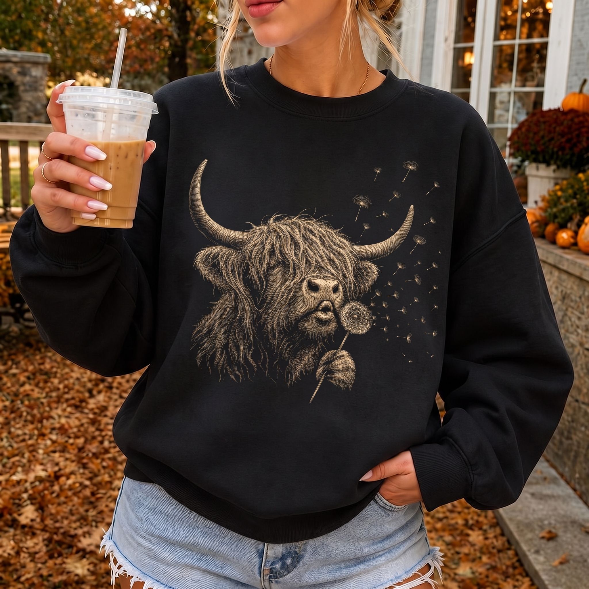 Retro Dandelion Highland Cow Sweatshirt