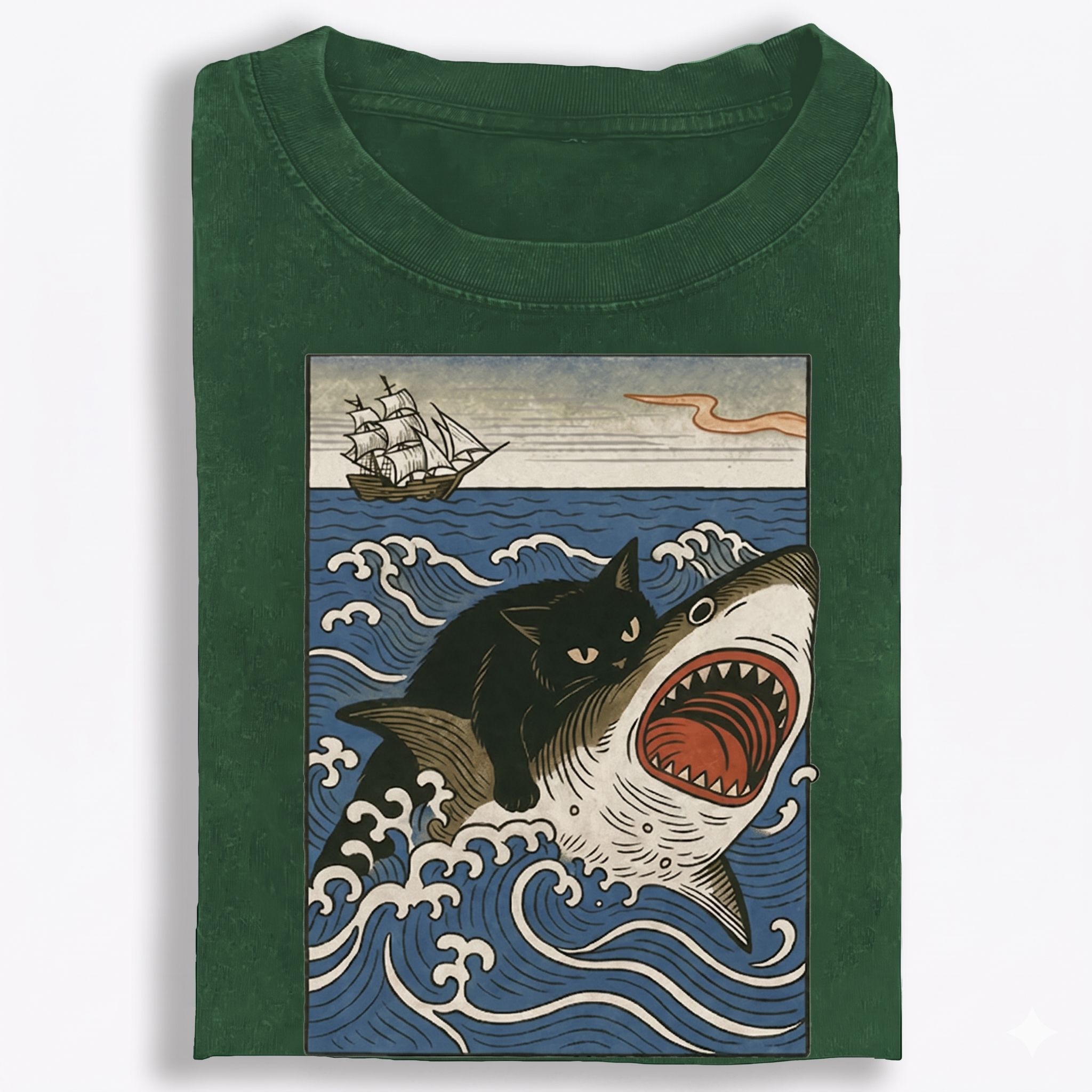 Ukiyo-e Cat Riding Shark Retro Washed T-Shirt | 100% Cotton | Streetwear Essential