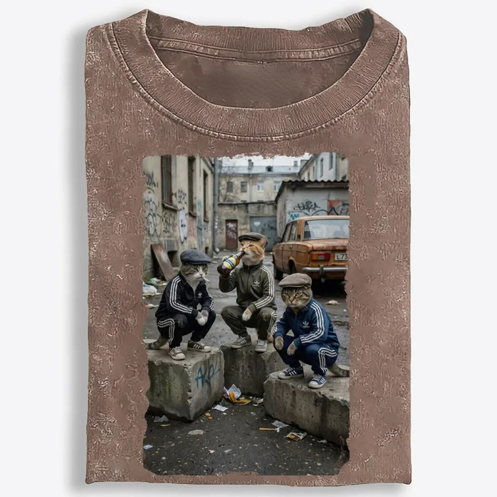 Slav Cat Crew Hardcore Retro Washed T-Shirt | 100% Cotton | Streetwear Essential