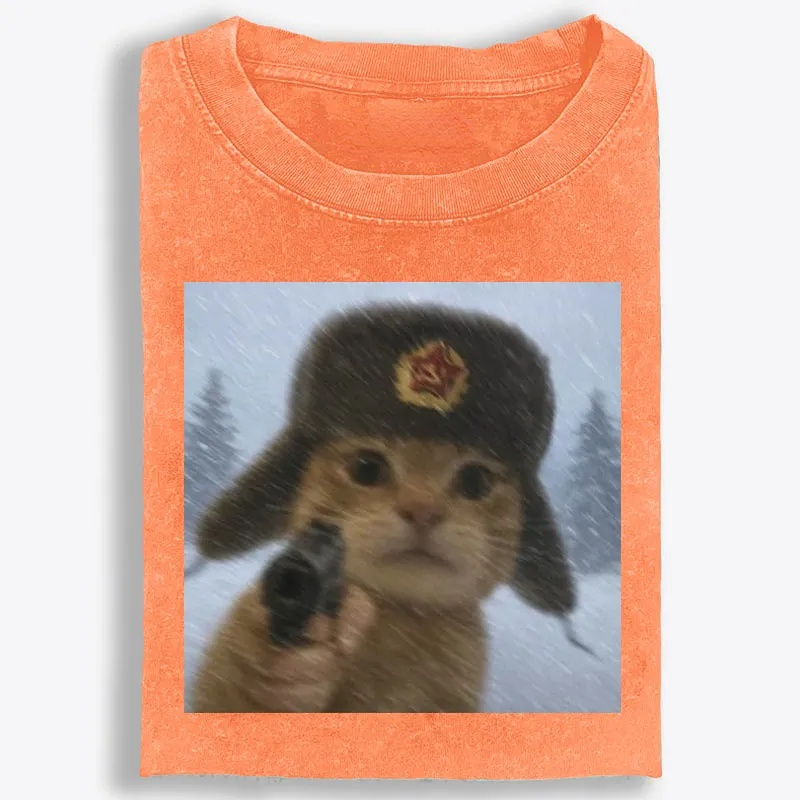 Soviet Ushanka Cat Retro Washed T-Shirt | 100% Cotton | Streetwear Essential
