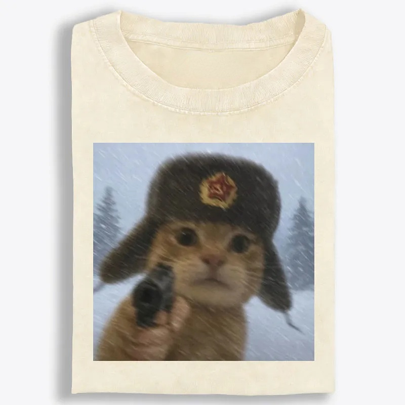Soviet Ushanka Cat Retro Washed T-Shirt | 100% Cotton | Streetwear Essential