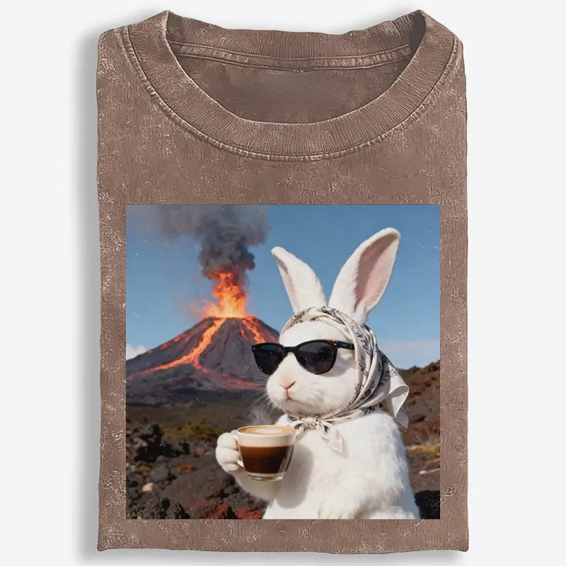 Volcano Coffee Bunny Retro Washed T-Shirt | 100% Cotton | Streetwear Essential