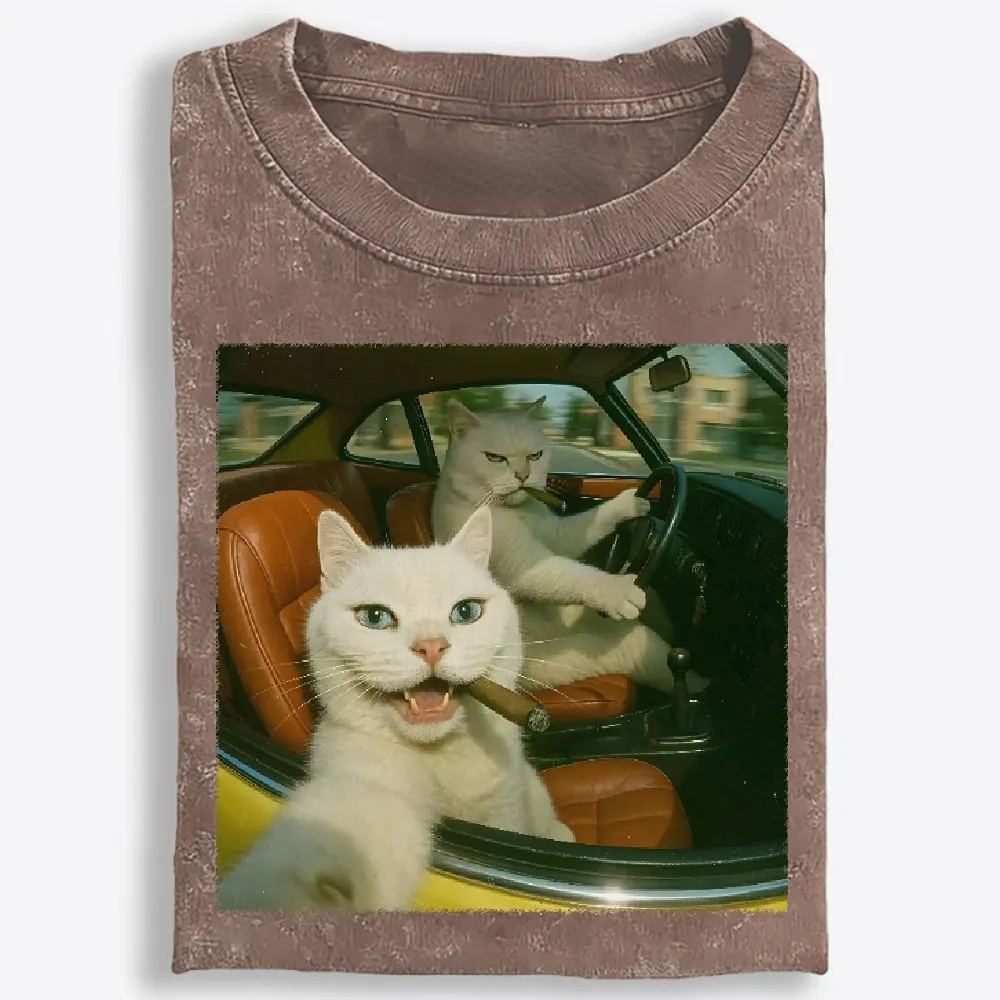 Cats With Cigars, Retro Vibes Washed T-Shirt | 100% Cotton | Streetwear Essential