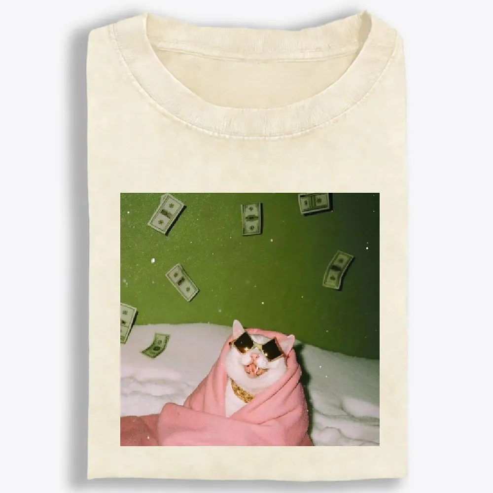 Rich Cat with Money Retro Washed T-Shirt | 100% Cotton | Streetwear Essential