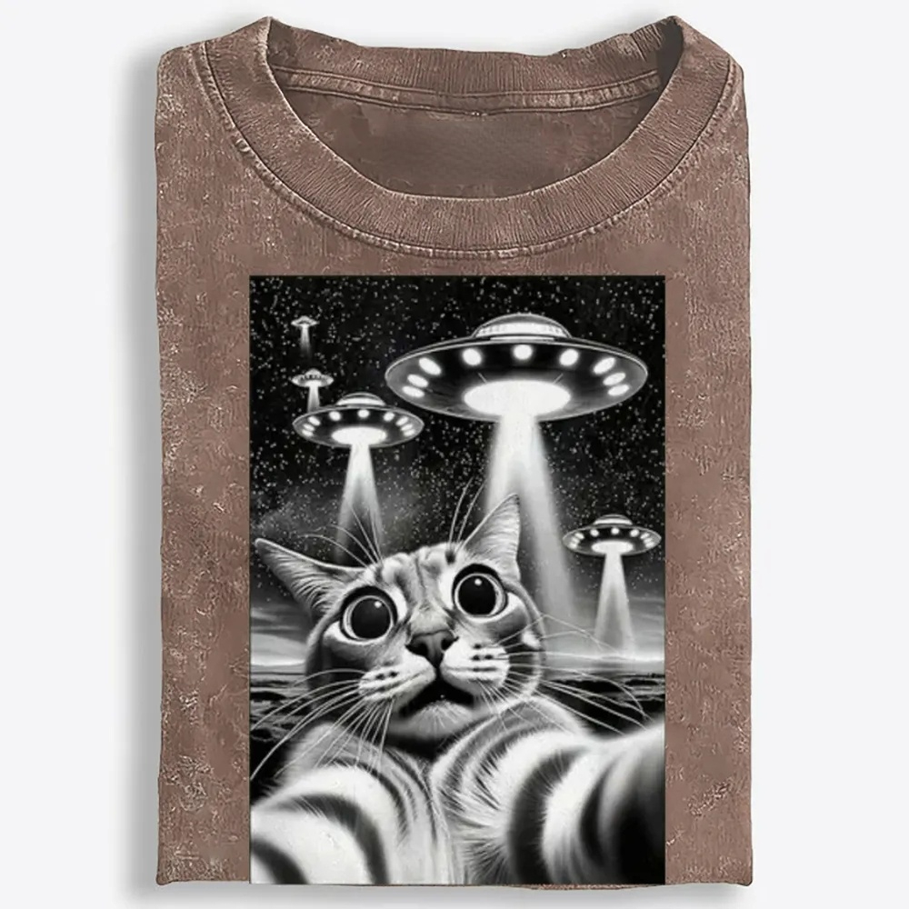 Cat Selfie with UFOs Sci-Fi Retro Washed T-Shirt | 100% Cotton | Streetwear Essential