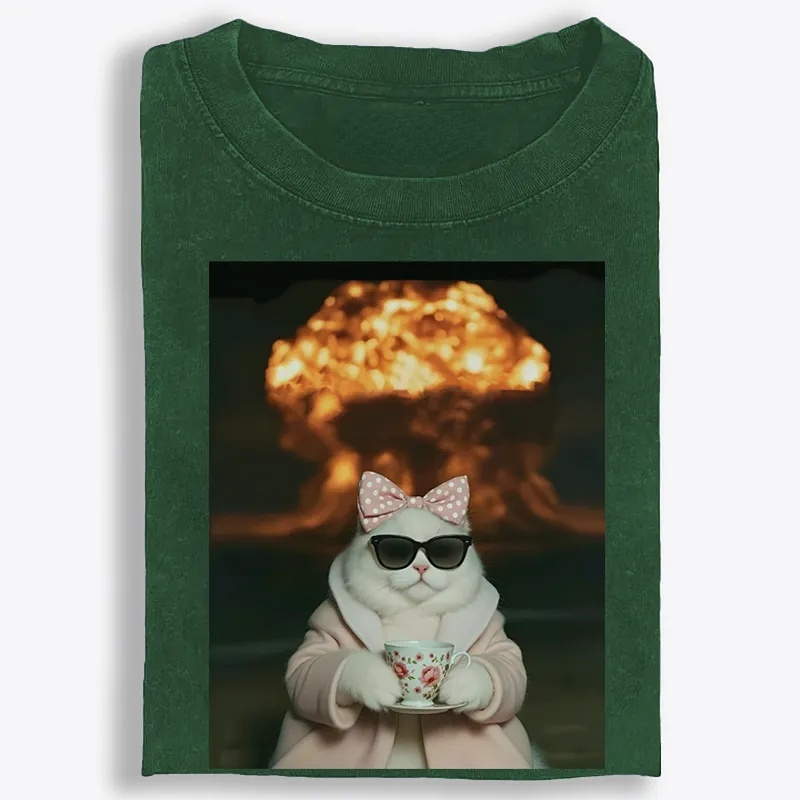 Cat with Tea & Nuclear Explosion Retro Washed T-Shirt | 100% Cotton | Streetwear Essential