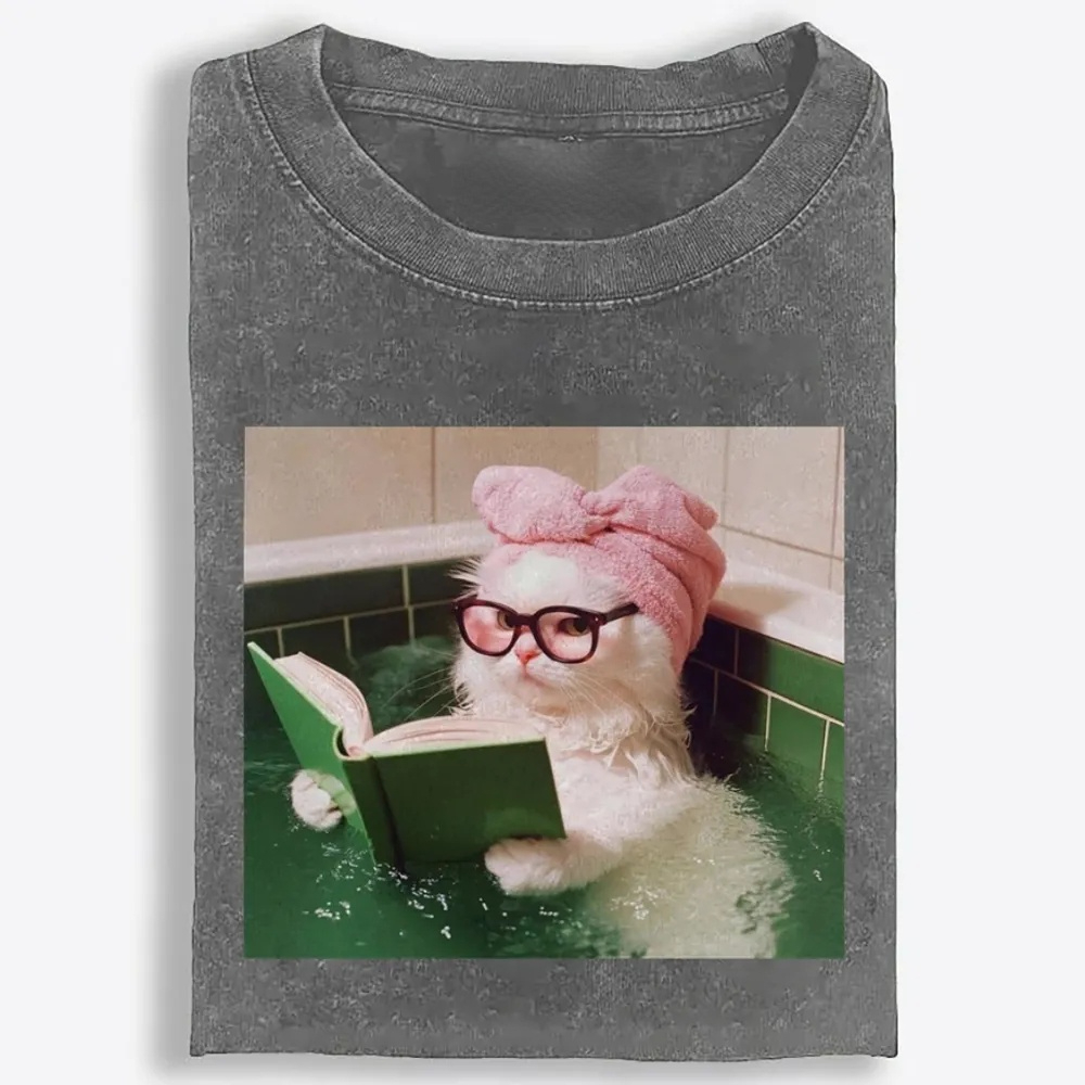 Bathtub Reading Cat Aesthetic Retro Washed T-Shirt | 100% Cotton | Streetwear Essential