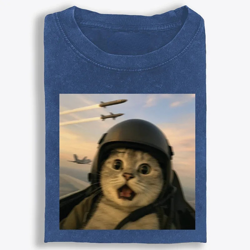 Fighter Jet Cat Pilot Meme Retro Washed T-Shirt | 100% Cotton | Streetwear Essential