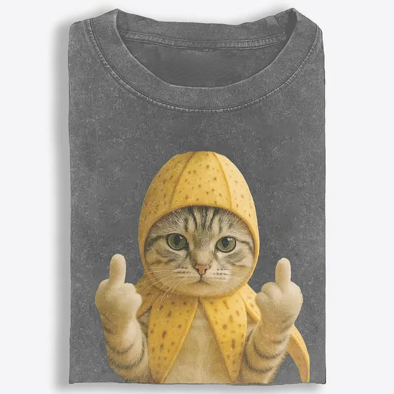 Banana Cat Middle Finger Meme Retro Washed T-Shirt | 100% Cotton | Streetwear Essential