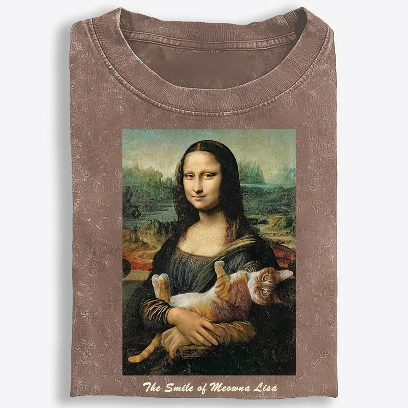 Meowna Lisa Mona Lisa Cat Parody Retro Washed T-Shirt | 100% Cotton | Streetwear Essential