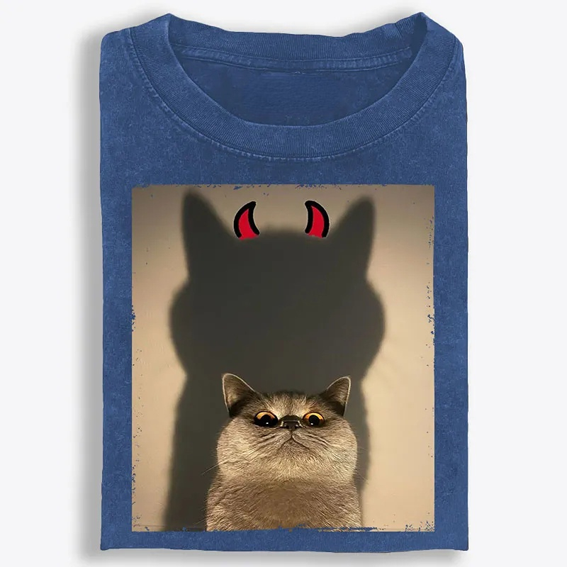 Demon Shadow Cat Meme Retro Washed T-Shirt | 100% Cotton | Streetwear Essential