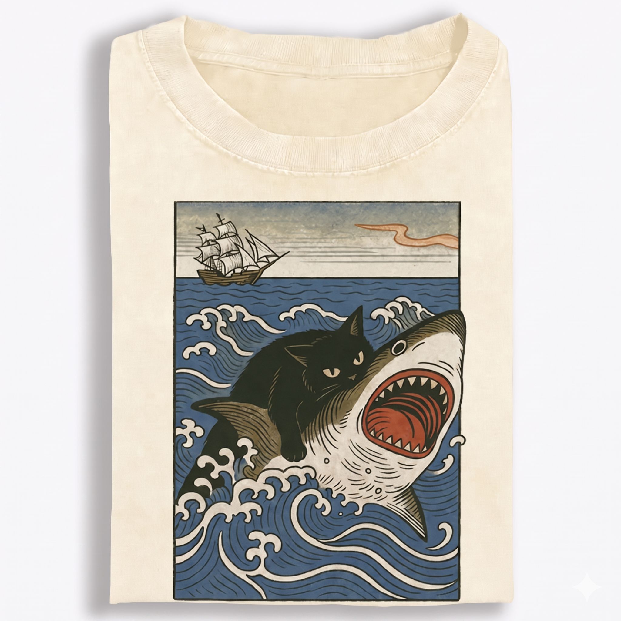 Ukiyo-e Cat Riding Shark Retro Washed T-Shirt | 100% Cotton | Streetwear Essential