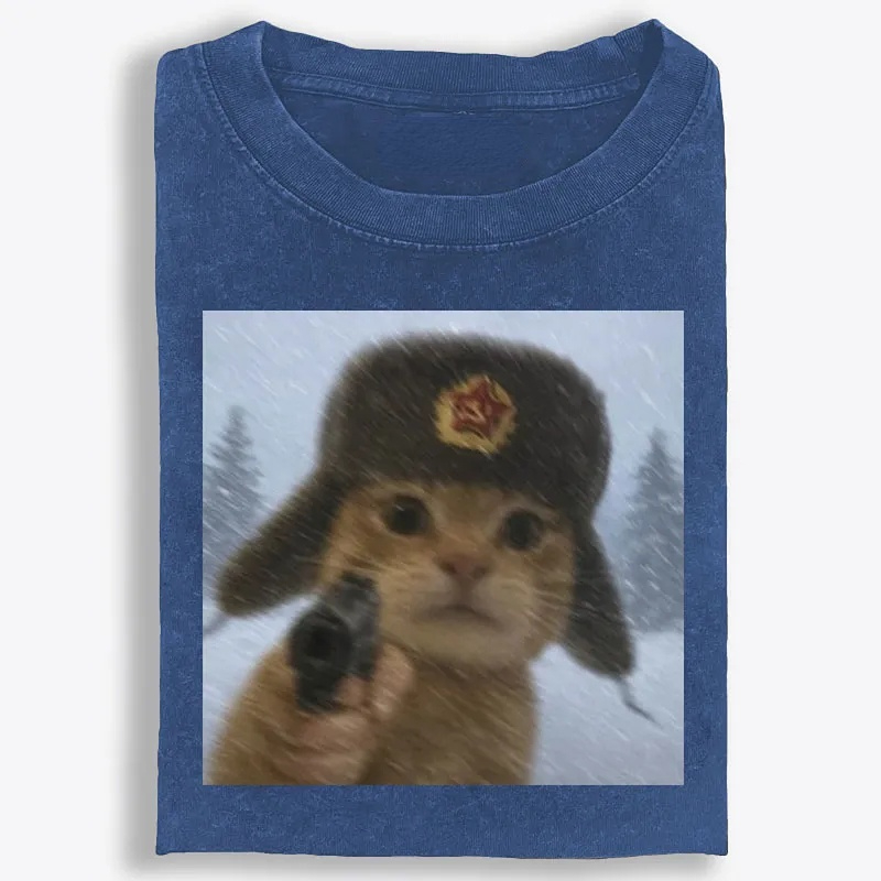 Soviet Ushanka Cat Retro Washed T-Shirt | 100% Cotton | Streetwear Essential