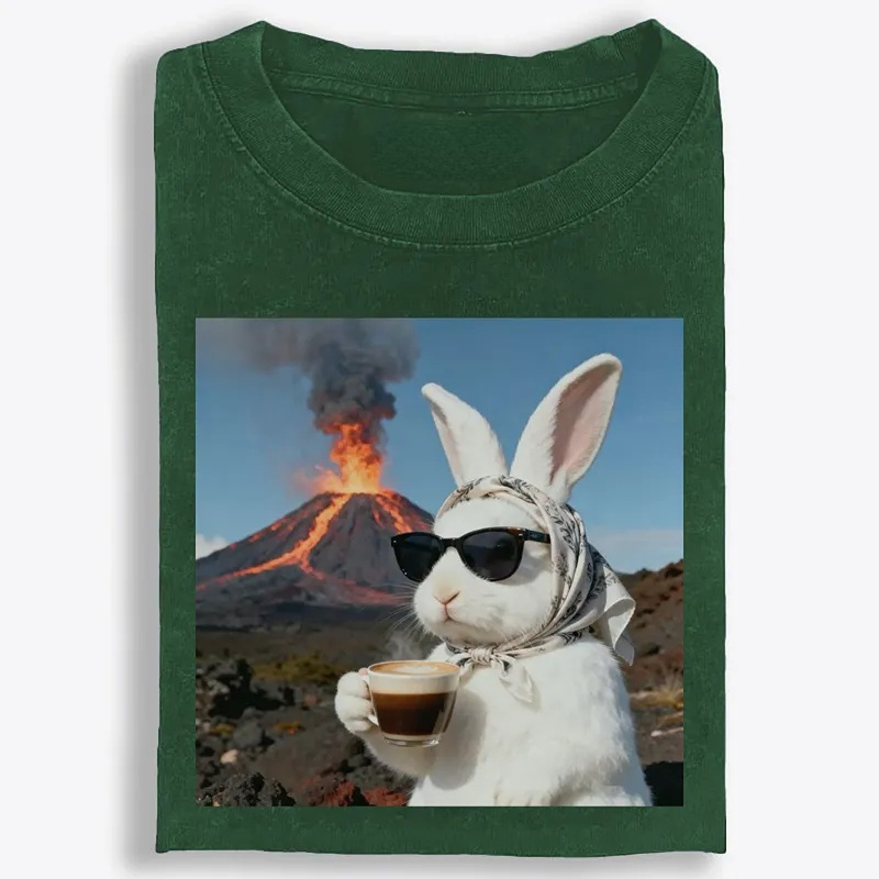 Volcano Coffee Bunny Retro Washed T-Shirt | 100% Cotton | Streetwear Essential