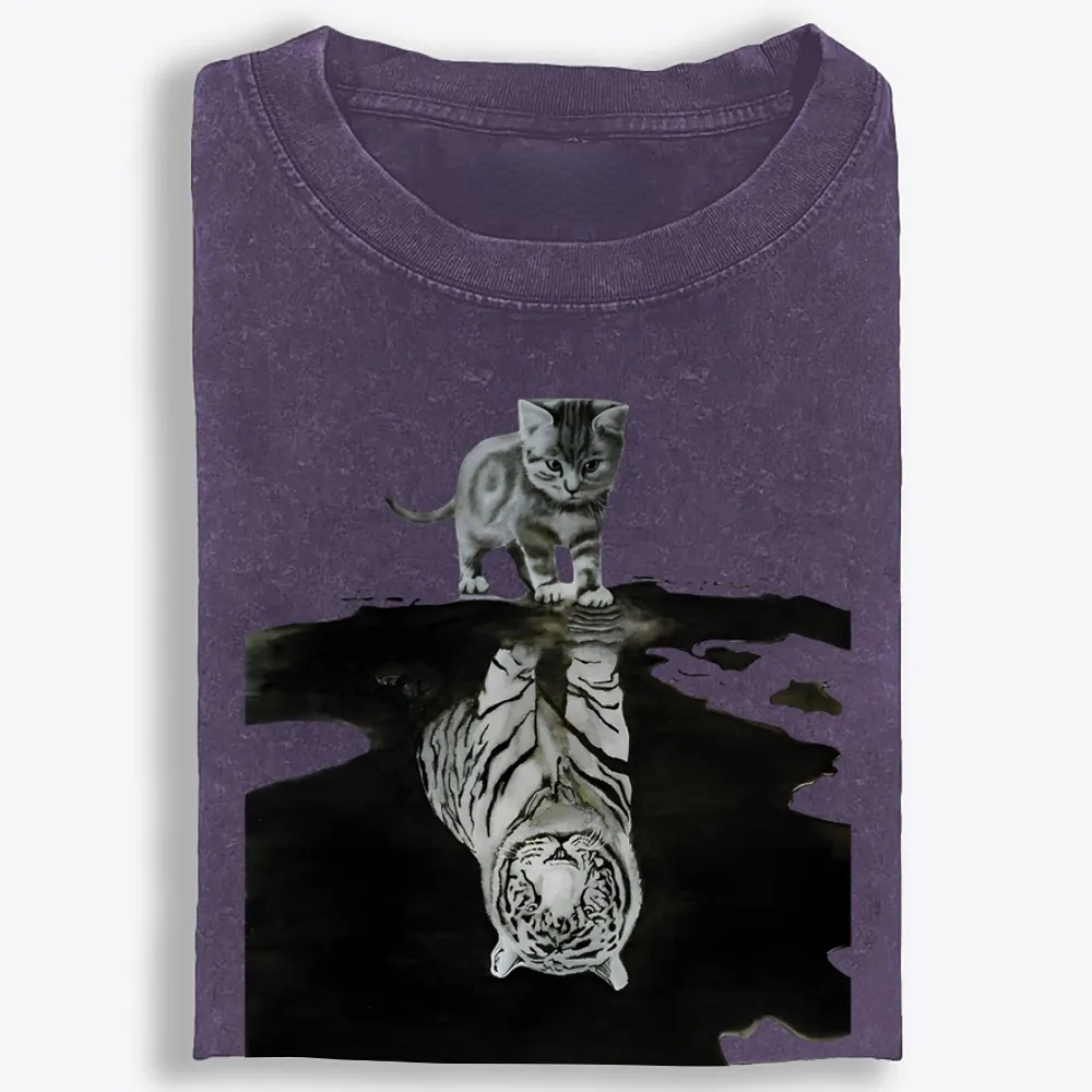 Tiger Shadow Kitten Retro Washed T-Shirt | 100% Cotton | Streetwear Essential