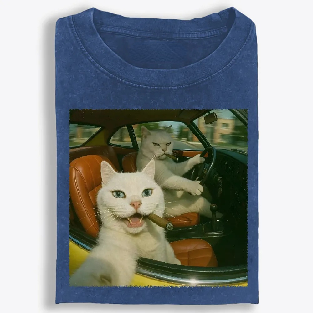 Cats With Cigars, Retro Vibes Washed T-Shirt | 100% Cotton | Streetwear Essential