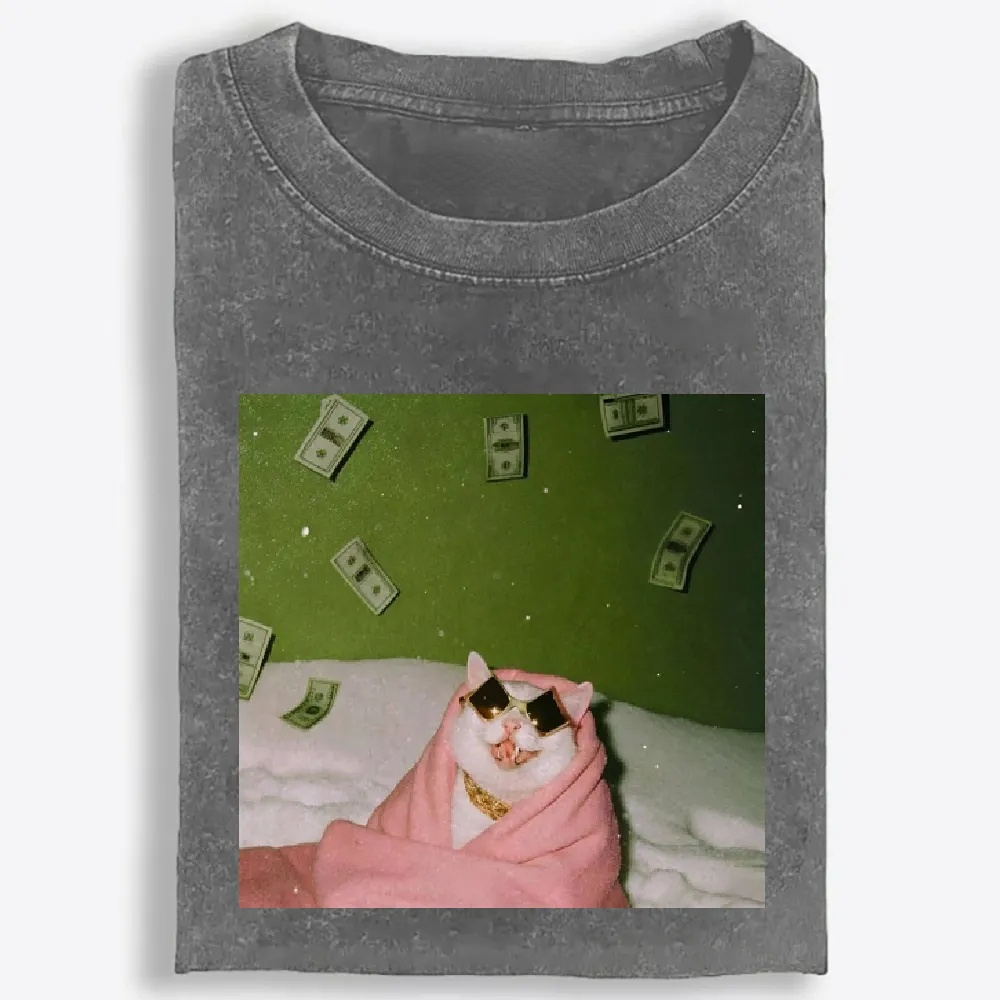 Rich Cat with Money Retro Washed T-Shirt | 100% Cotton | Streetwear Essential