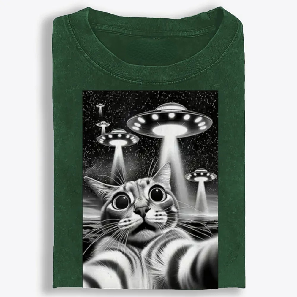 Cat Selfie with UFOs Sci-Fi Retro Washed T-Shirt | 100% Cotton | Streetwear Essential
